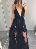 A-Line/Princess Spaghetti Straps Long Tulle Prom Formal Evening Dresses with Applique