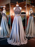 A-Line/Princess High Neck Sweep/Brush Train Satin Prom Formal Evening Dresses with Beading