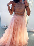 A-Line/Princess High Neck Sweep/Brush Train Tulle Prom Formal Evening Dresses with Beading