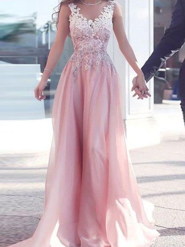 A-Line/Princess Sweetheart Long Chiffon Prom Formal Evening Dresses with Applique