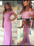 Sheath/Column Off-the-shoulder Long Stain Prom Formal Evening Dresses with Lace