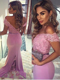 Sheath/Column Off-the-shoulder Long Stain Prom Formal Evening Dresses with Lace