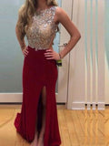 Sheath/Column Scoop Sweep/Brush Train Spandex Prom Formal Evening Dresses with Beading