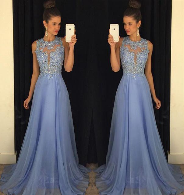 A-Line Sleeveless Chiffon Long Prom Dresses with Lace Appliques