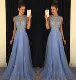 A-Line Sleeveless Chiffon Long Prom Dresses with Lace Appliques