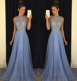 A-Line Sleeveless Chiffon Long Prom Dresses with Lace Appliques