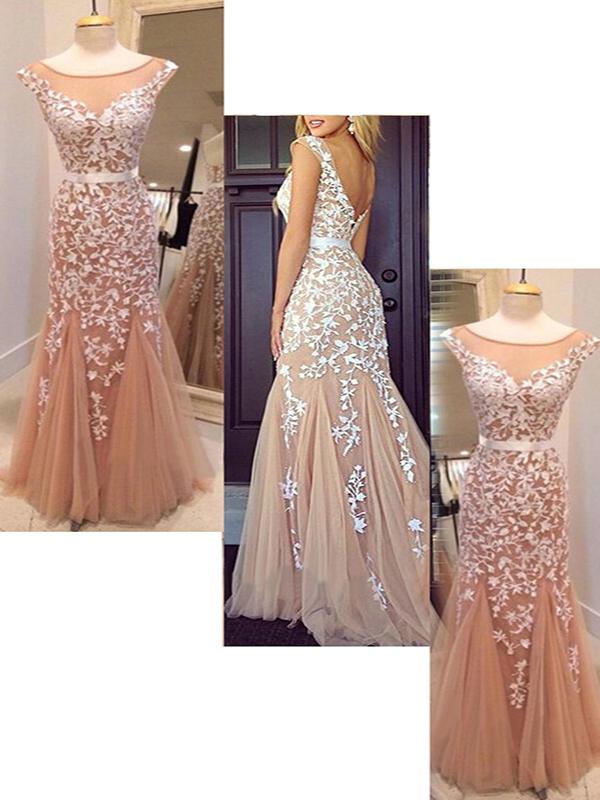 Sheath/Column Bateau Long Tulle Prom Formal Evening Dresses with Applique