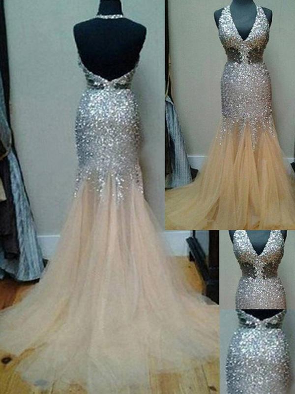 Trumpet/Mermaid Halter Court Train Tulle Prom Formal Evening Dresses with Sequin