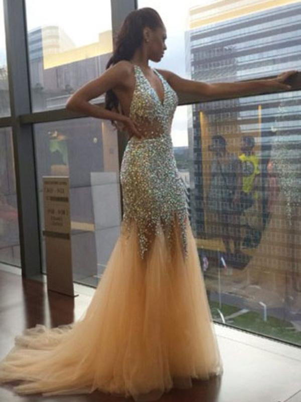Trumpet/Mermaid Halter Court Train Tulle Prom Formal Evening Dresses with Sequin