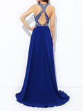 A-Line/Princess High Neck Long Chiffon Prom Formal Evening Dresses with Beading