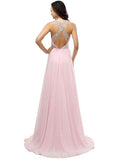 A-Line/Princess High Neck Long Chiffon Prom Formal Evening Dresses with Beading