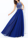 A-Line/Princess High Neck Long Chiffon Prom Formal Evening Dresses with Beading