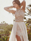 Sheath/Column Halter Sweep/Brush Train Chiffon Prom Formal Evening Dresses with Lace