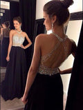 Sheath/Column Halter Sweep/Brush Train Chiffon Prom Formal Evening Dresses with Beading