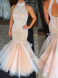 Trumpet/Mermaid Halter Long Tulle Prom Formal Evening Dresses with Beading