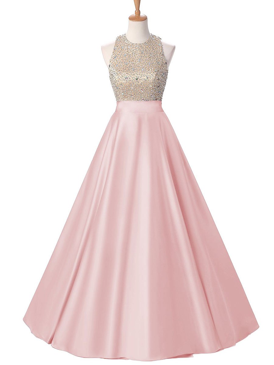 Ball Gown Jewel Long Satin Prom Formal Evening Dresses with Crystal