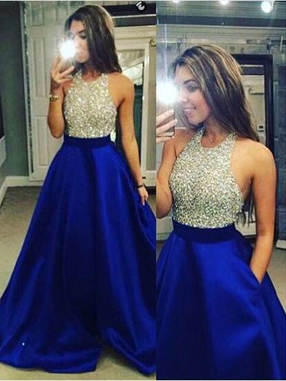 Ball Gown Jewel Long Satin Prom Formal Evening Dresses with Crystal