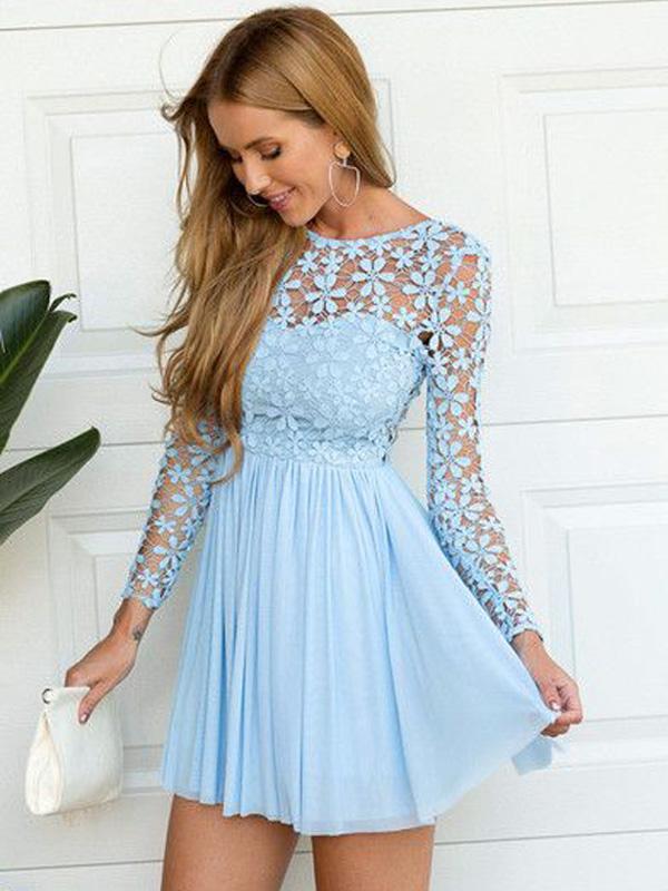 A-Line/Princess Scoop Chiffon Long Sleeves Short Short/Mini Prom Evening Dresses with Lace