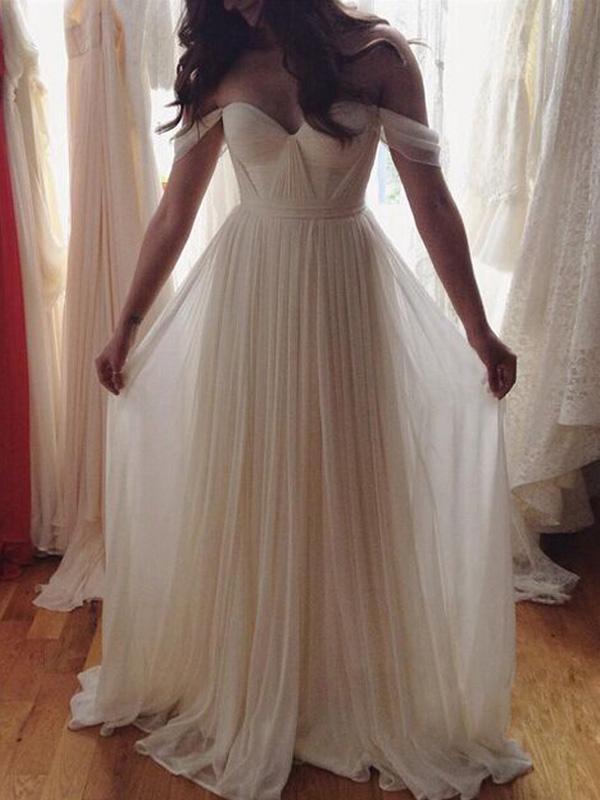 A-Line/Princess Off-the-shoulder Long Chiffon Prom Dresses with Beading