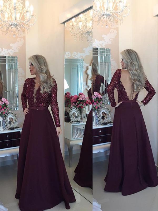 A-Line/Princess Scoop Long Satin Prom Formal Evening Dresses with Sequin