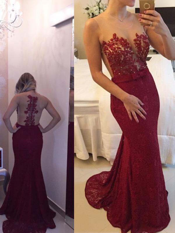Sheath/Column Scoop Sweep/Brush Train Lace Prom Formal Evening Dresses with Applique