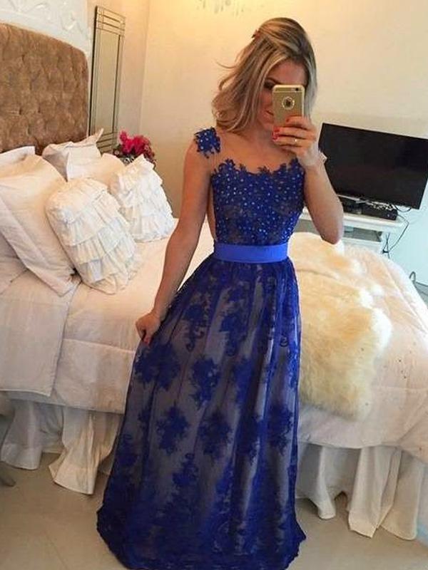 Sheath/Column Scoop Long Tulle Prom Formal Evening Dresses with Applique
