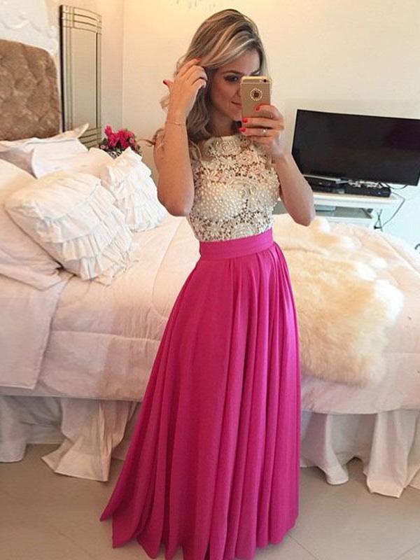 A-Line/Princess Scoop Long Chiffon Prom Formal Evening Dresses with Lace