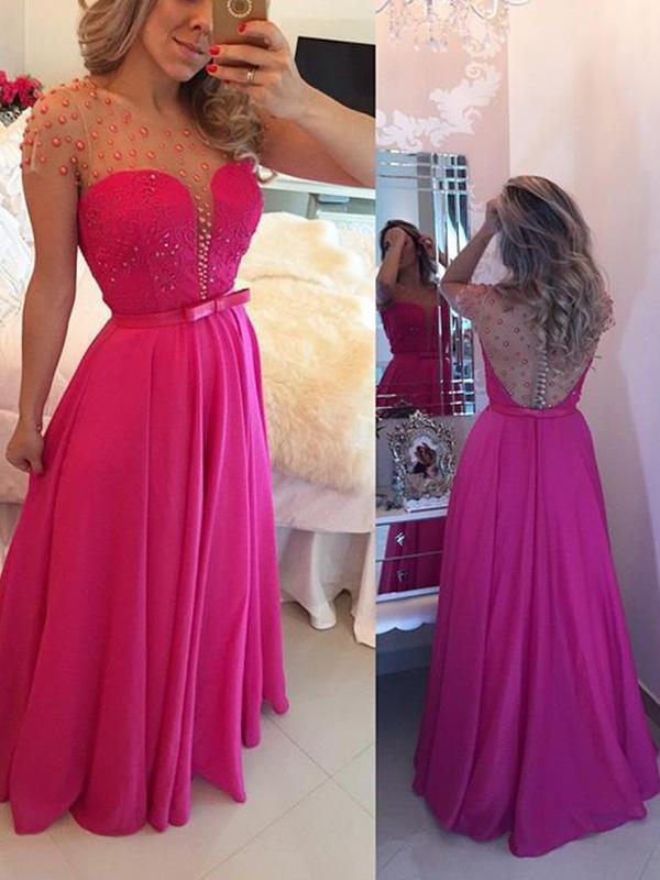 A-Line/Princess Scoop Long Chiffon Prom Formal Evening Dresses with Beading