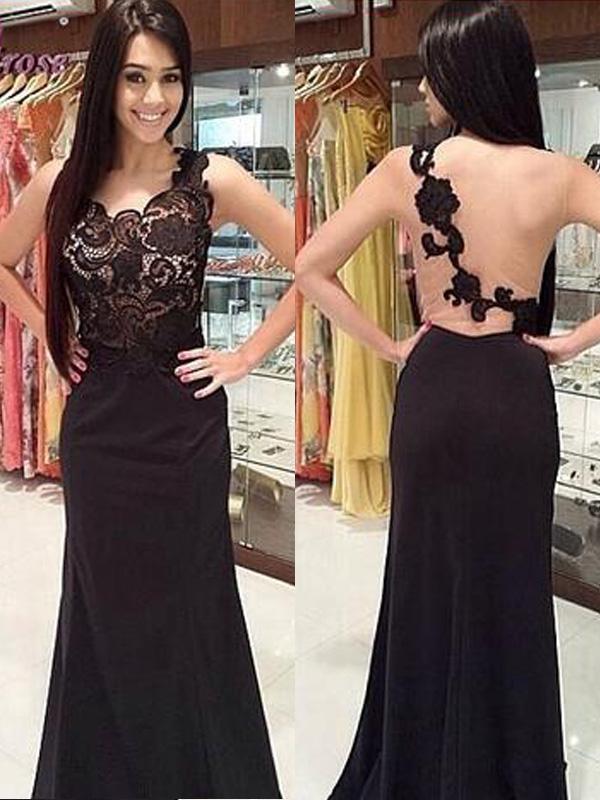 Sheath/Column Scoop Long Chiffon Prom Formal Evening Dresses with Lace