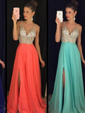 A-Line/Princess V-neck Long Chiffon Prom Formal Evening Dresses with Beading