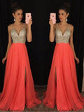 A-Line/Princess V-neck Long Chiffon Prom Formal Evening Dresses with Beading