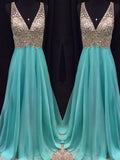 A-Line/Princess V-neck Long Chiffon Prom Formal Evening Dresses with Beading