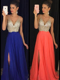 A-Line/Princess V-neck Long Chiffon Prom Formal Evening Dresses with Beading