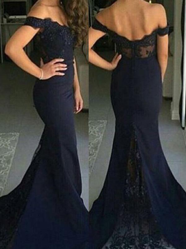 Trumpet/Mermaid Off-the-Shoulder Sweep/Brush Train Satin Prom Evening Dresses with Lace