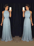 A-Line/Princess High Neck Long Chiffon Prom Formal Evening Dresses with Pleats