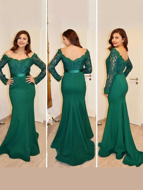 Trumpet/Mermaid Off-the-shoulder Long Satin Prom Formal Dresses with Applique