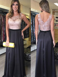 A-Line/Princess Scoop Long Satin Prom Formal Evening Dresses with Lace