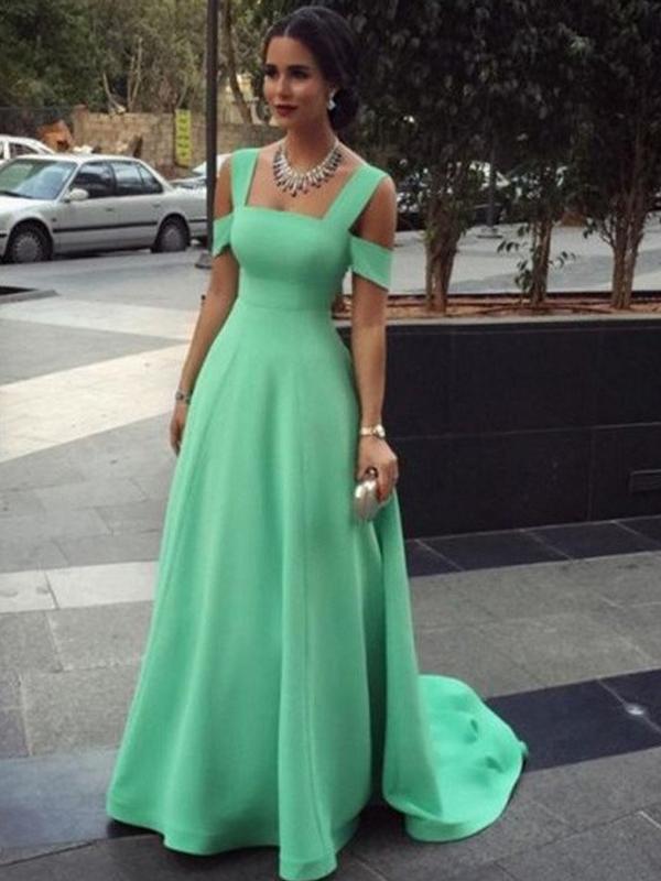 A-Line/Princess Straps Long Satin Prom Formal Evening Dresses with Beading