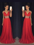A-Line/Princess V-neck Long Chiffon Prom Formal Evening Dresses with Beading