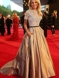 Ball Gown Scoop Long Satin Prom Formal Evening Dresses with Applique