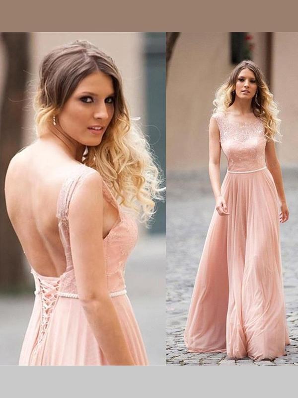 A-Line/Princess Scoop Long Chiffon Prom Formal Evening Dresses with Applique