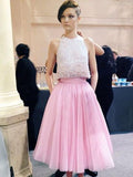 A-Line/Princess Scoop Tea-Length Tulle Prom Formal Evening Dresses with Beading