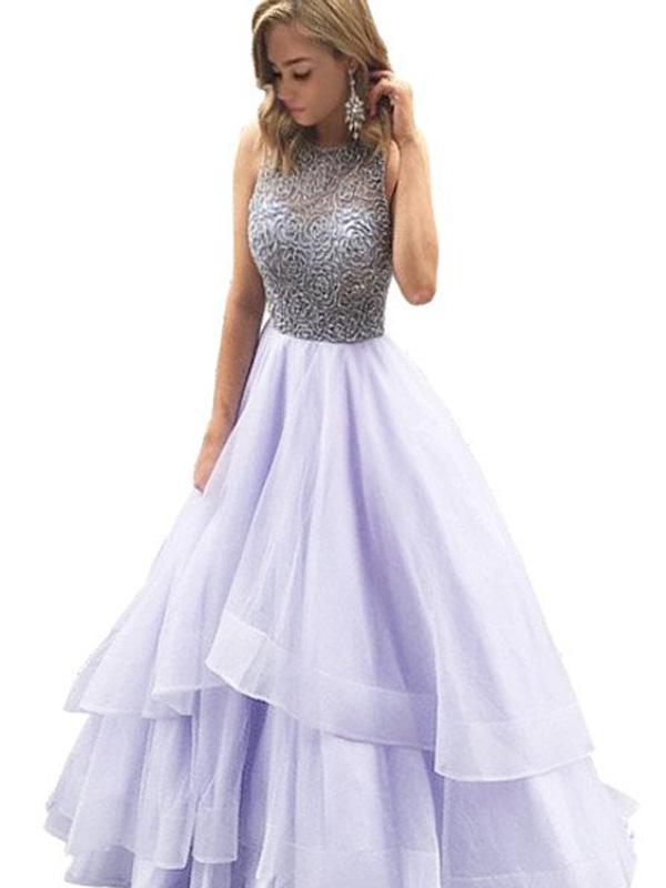 Ball Gown Scoop Long Organza Prom Formal Evening Dresses with Beading