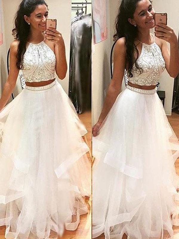 A-Line/Princess Halter Long Tulle Two Piece Prom Dresses with Beading