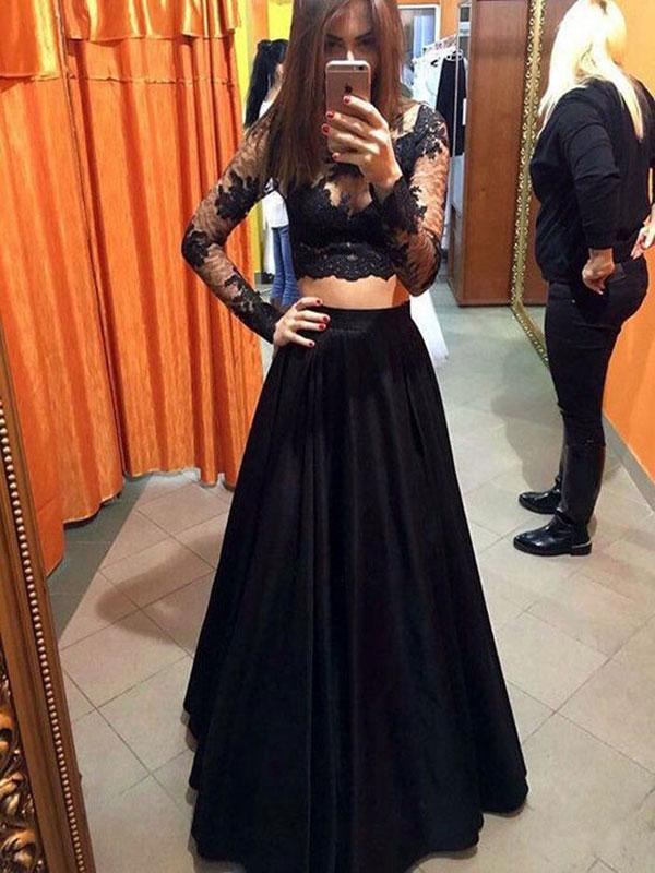 A-Line/Princess Scoop Long Lace 2 Piece Prom Evening Dresses with Lace