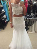 Trumpet/Mermaid Scoop Long Tulle Two Piece Prom Dresses with Beading