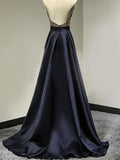 A-Line/Princess Halter Long Satin Prom Formal Evening Dresses with Beading