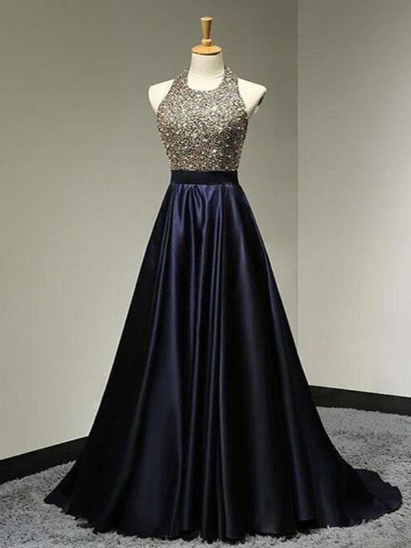 A-Line/Princess Halter Long Satin Prom Formal Evening Dresses with Beading