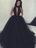 Ball Gown V-neck Long Tulle Prom Formal Evening Dresses with Beading