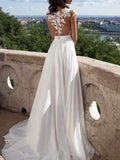 A-Line/Princess Scoop Sweep/Brush Train Chiffon Prom Formal Evening Dresses with Applique